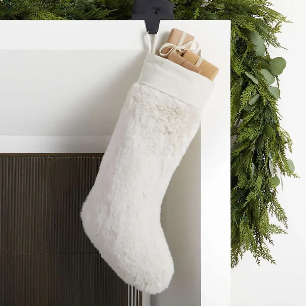 Crate & Barrel Warm White Faux Fur Christmas Stocking